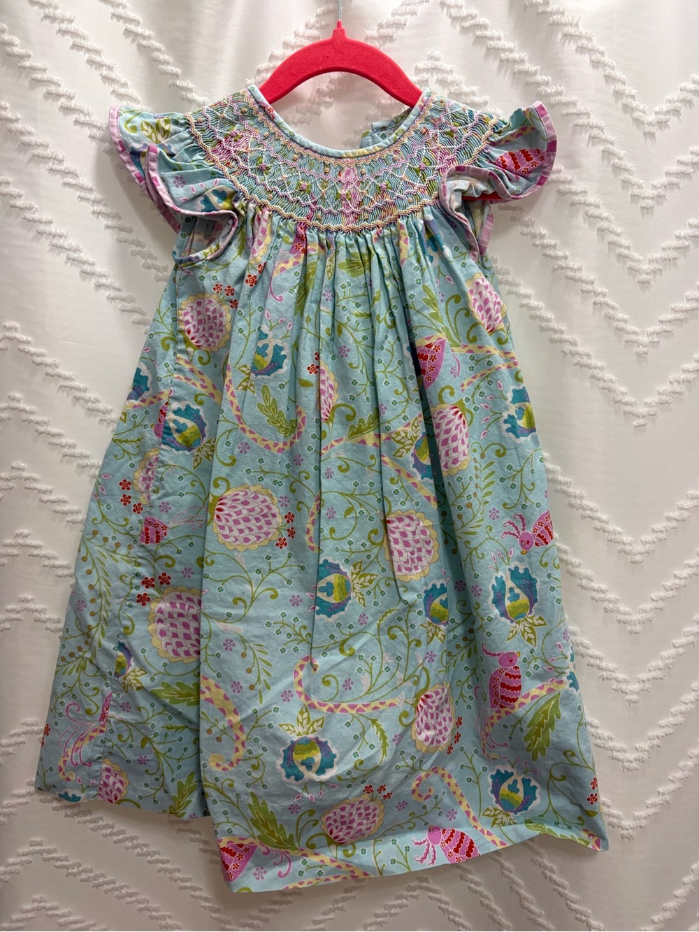 Smocked Flutter Sleeve Girls' Floral Dress in Light Blue